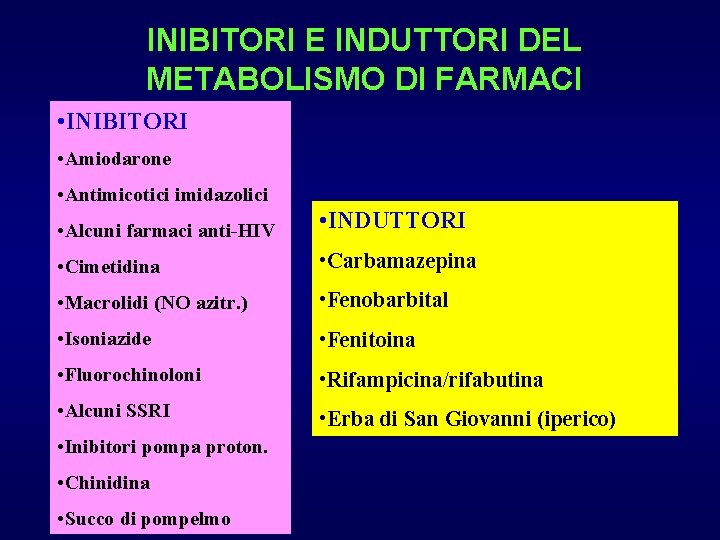 INIBITORI E INDUTTORI DEL METABOLISMO DI FARMACI • INIBITORI • Amiodarone • Antimicotici imidazolici