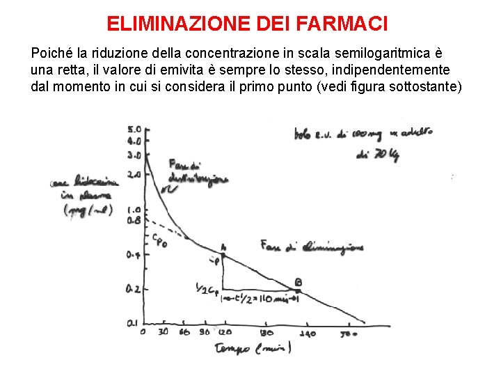 ELIMINAZIONE DEI FARMACI Poiché la riduzione della concentrazione in scala semilogaritmica è una retta,