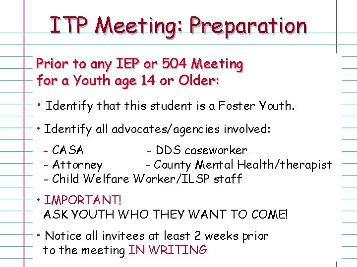 ITP Meeting: Preparation Prior to any IEP or 504 Meeting for a Youth age