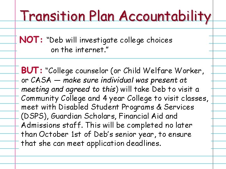 Transition Plan Accountability NOT: “Deb will investigate college choices on the internet. ” BUT: