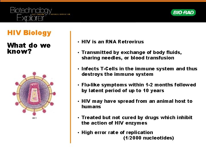 HIV Biology What do we know? • HIV is an RNA Retrovirus • Transmitted