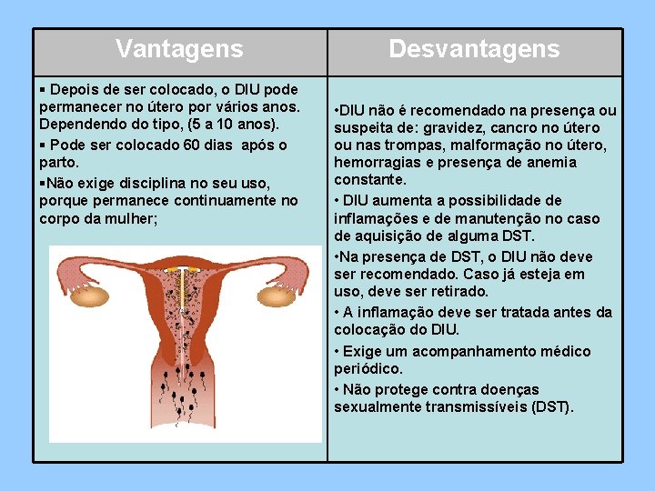 Vantagens § Depois de ser colocado, o DIU pode permanecer no útero por vários