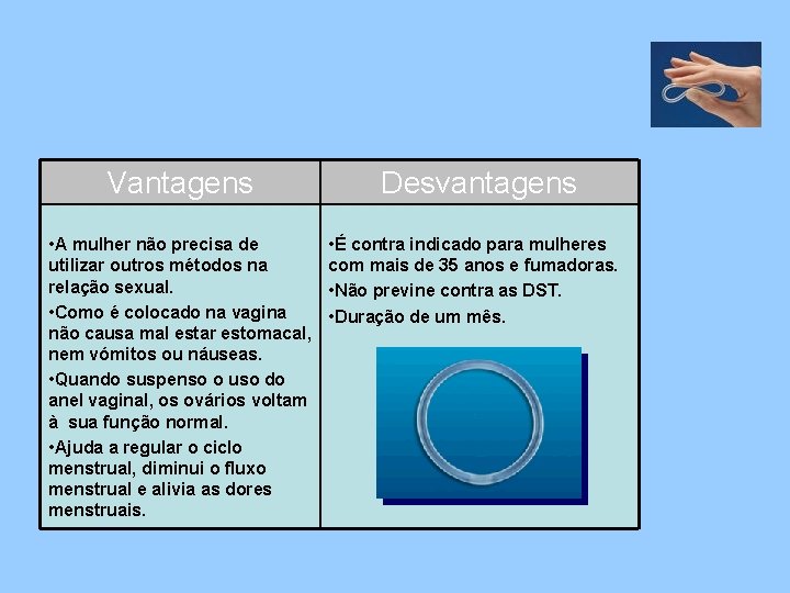 Vantagens Desvantagens • A mulher não precisa de utilizar outros métodos na relação sexual.