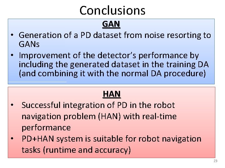 Conclusions GAN • Generation of a PD dataset from noise resorting to GANs •