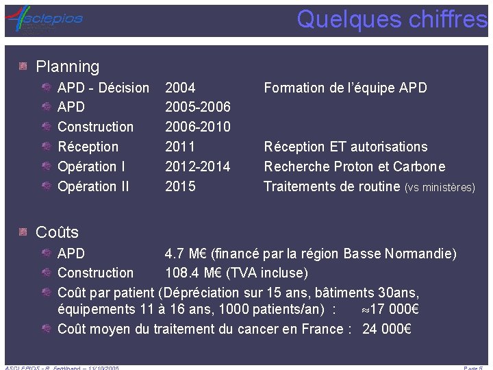 Quelques chiffres Planning APD - Décision APD Construction Réception Opération II 2004 2005 -2006