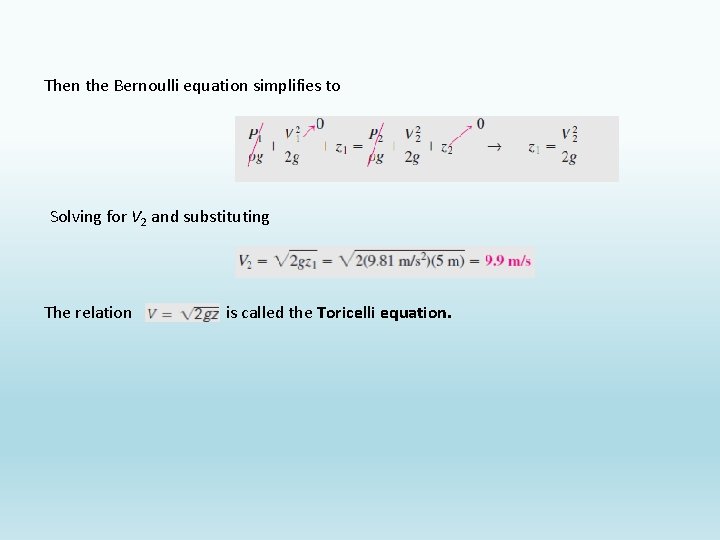 Then the Bernoulli equation simplifies to Solving for V 2 and substituting The relation