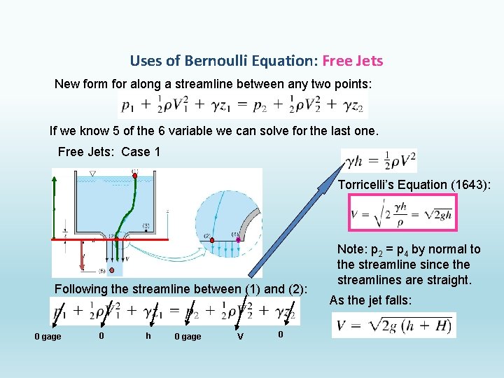 Uses of Bernoulli Equation: Free Jets New form for along a streamline between any