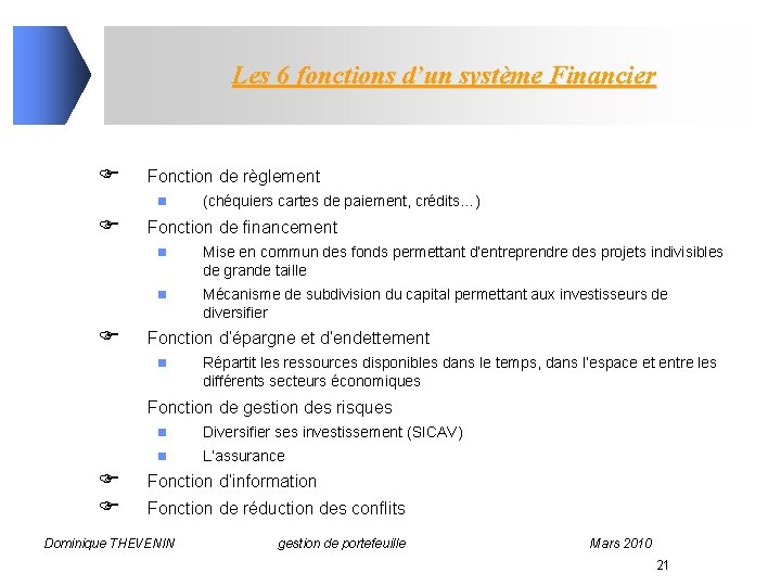 Les 6 fonctions d’un système Financier F Fonction de règlement n F F (chéquiers