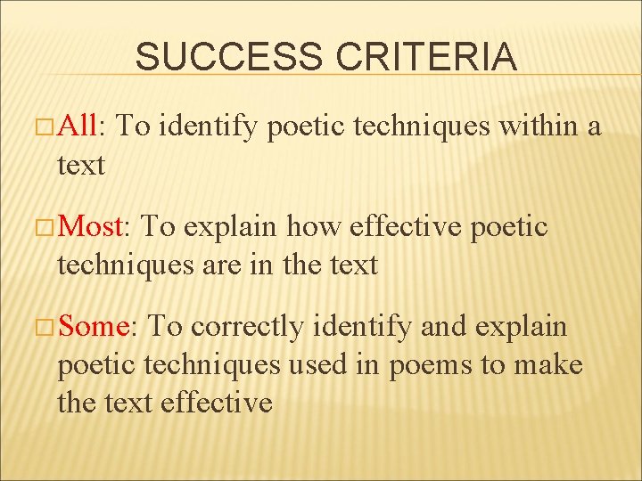 SUCCESS CRITERIA � All: To identify poetic techniques within a text � Most: To