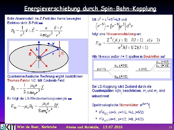 Energieverschiebung durch Spin-Bahn-Kopplung Wim de Boer, Karlsruhe Atome und Moleküle, 13. 07. 2010 14