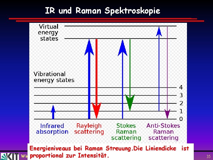 IR und Raman Spektroskopie Energieniveaus bei Raman Streuung. Die Liniendicke ist zur Intensität. Wimproportional