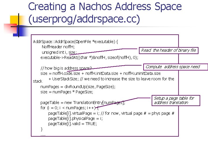 Creating a Nachos Address Space (userprog/addrspace. cc) Addr. Space: : Addr. Space(Open. File *executable) Creating a Nachos Address Space (userprog/addrspace. cc) Addr. Space: : Addr. Space(Open. File *executable)