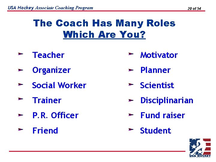 USA Hockey Associate Coaching Program 20 of 54 The Coach Has Many Roles Which