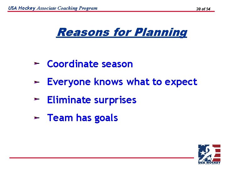 USA Hockey Associate Coaching Program 30 of 54 Reasons for Planning Coordinate season Everyone
