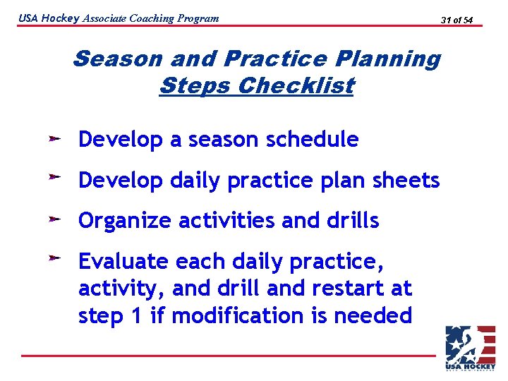 USA Hockey Associate Coaching Program Season and Practice Planning Steps Checklist Develop a season