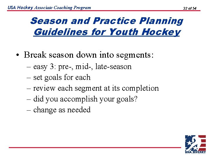 USA Hockey Associate Coaching Program Season and Practice Planning Guidelines for Youth Hockey •