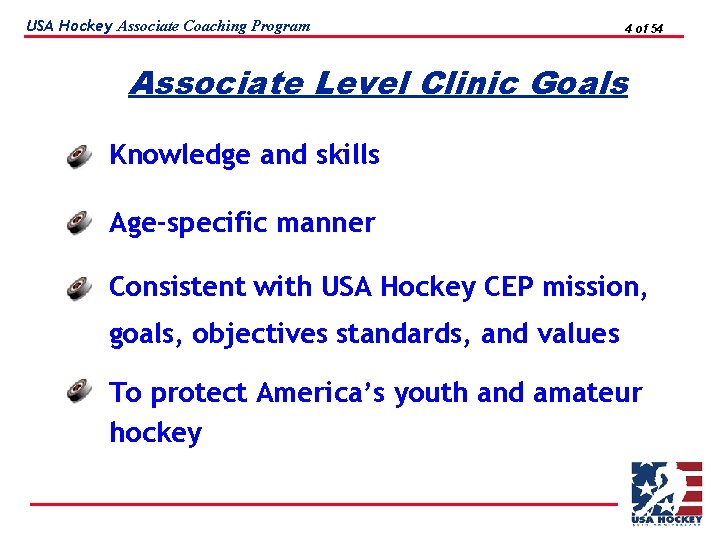 USA Hockey Associate Coaching Program 4 of 54 Associate Level Clinic Goals Knowledge and