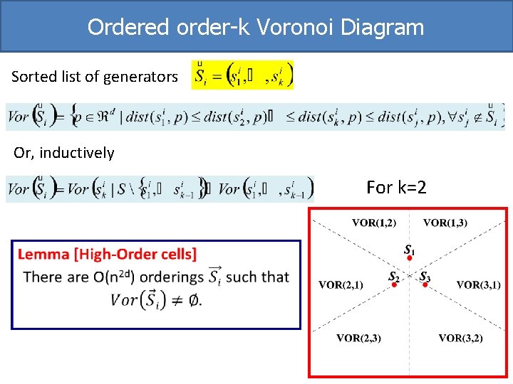 Ordered order-k Voronoi Diagram Sorted list of generators Or, inductively For k=2 