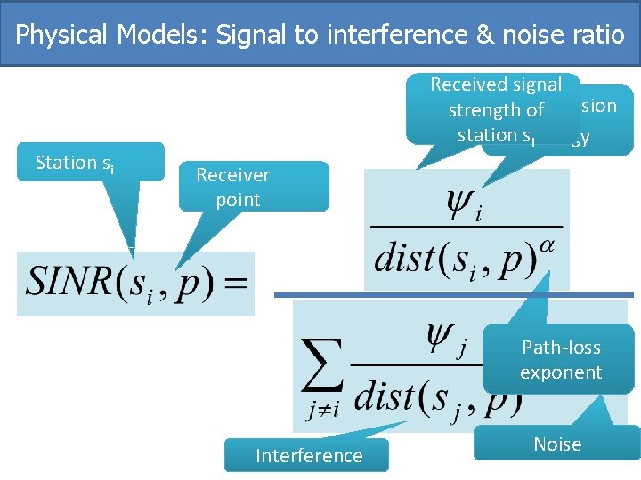 Physical Models: Signal to interference & noise ratio Station si Received signal Transmission strength
