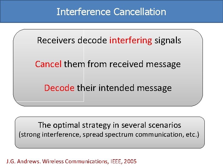 Interference Cancellation Receivers decode interfering signals Cancel them from received message Decode their intended