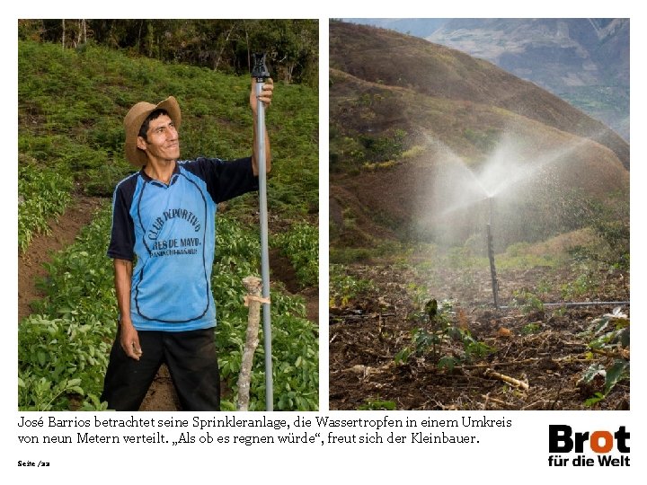 José Barrios betrachtet seine Sprinkleranlage, die Wassertropfen in einem Umkreis von neun Metern verteilt.