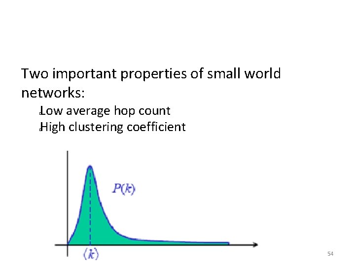 Two important properties of small world networks: Low average hop count High clustering coefficient