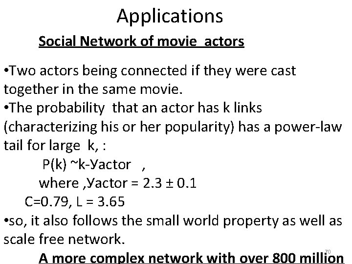 Applications Social Network of movie actors • Two actors being connected if they were