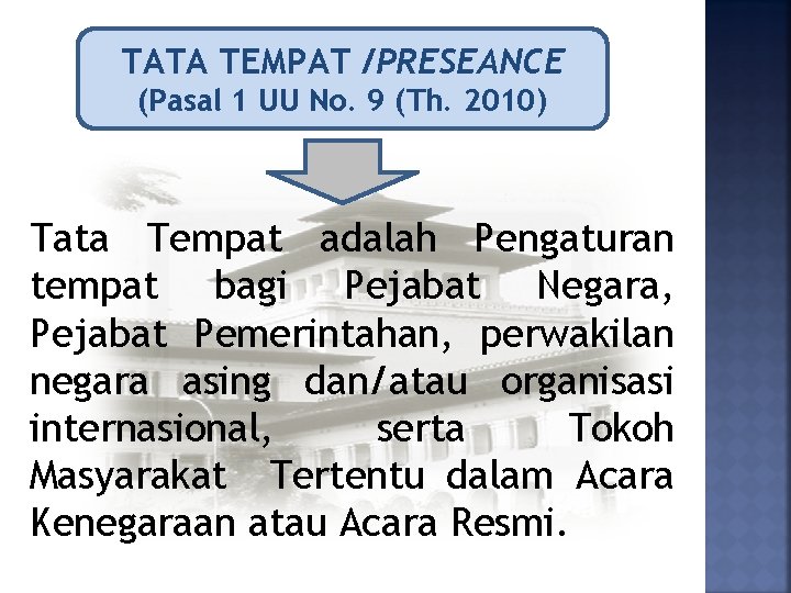 TATA TEMPAT /PRESEANCE (Pasal 1 UU No. 9 (Th. 2010) Tata Tempat adalah Pengaturan