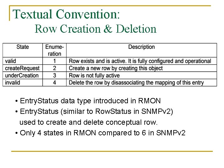 Textual Convention: Row Creation & Deletion • Entry. Status data type introduced in RMON