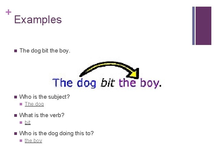 + Examples n The dog bit the boy. n Who is the subject? n
