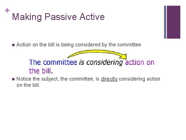 + Making Passive Active n Action on the bill is being considered by the