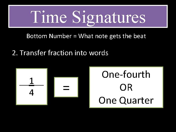 Time Signatures Bottom Number = What note gets the beat 2. Transfer fraction into Time Signatures Bottom Number = What note gets the beat 2. Transfer fraction into