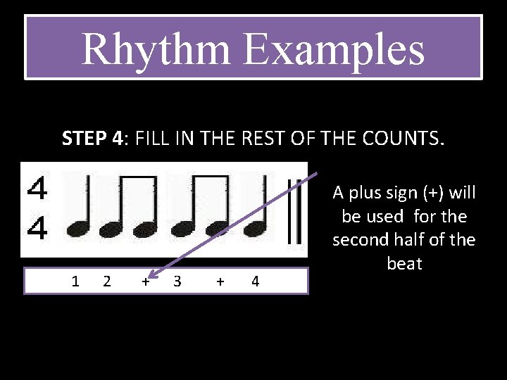 Rhythm Examples STEP 4: FILL IN THE REST OF THE COUNTS. 1 2 + Rhythm Examples STEP 4: FILL IN THE REST OF THE COUNTS. 1 2 +