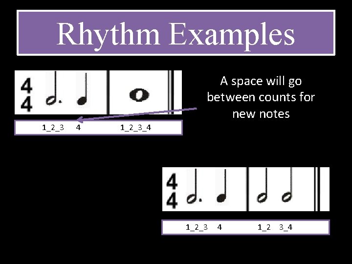 Rhythm Examples A space will go between counts for new notes 1_2_3 4 1_2_3_4