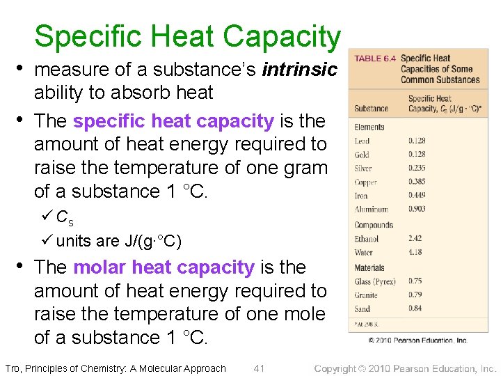 Specific Heat Capacity • measure of a substance’s intrinsic • ability to absorb heat