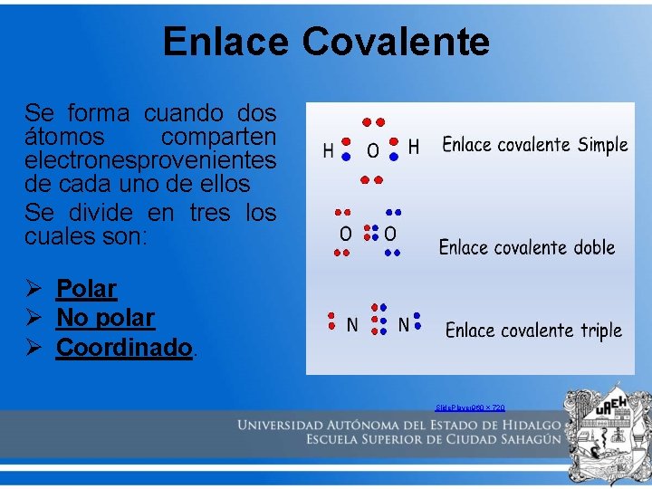 Enlace Covalente Se forma cuando dos átomos comparten electrones provenientes de cada uno de