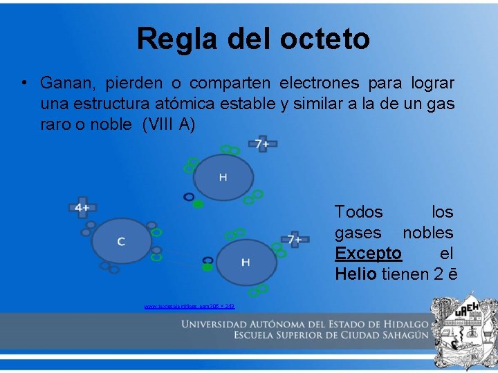 Regla del octeto • Ganan, pierden o comparten electrones para lograr una estructura atómica