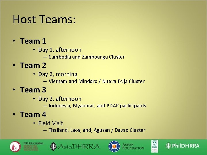 Host Teams: • Team 1 • Day 1, afternoon – Cambodia and Zamboanga Cluster