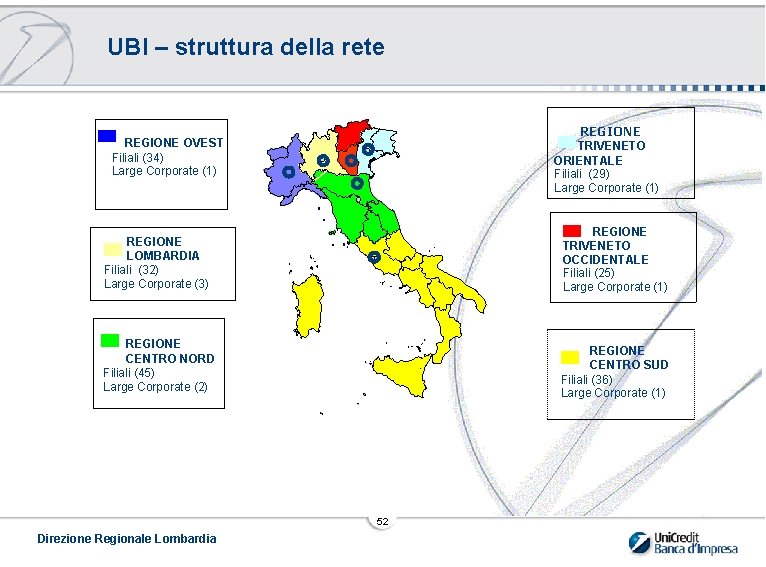 UBI – struttura della rete REGIONE OVEST Filiali (34) Large Corporate (1) REGIONE LOMBARDIA
