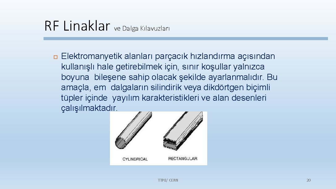 RF Linaklar ve Dalga Kılavuzları Elektromanyetik alanları parçacık hızlandırma açısından kullanışlı hale getirebilmek için,