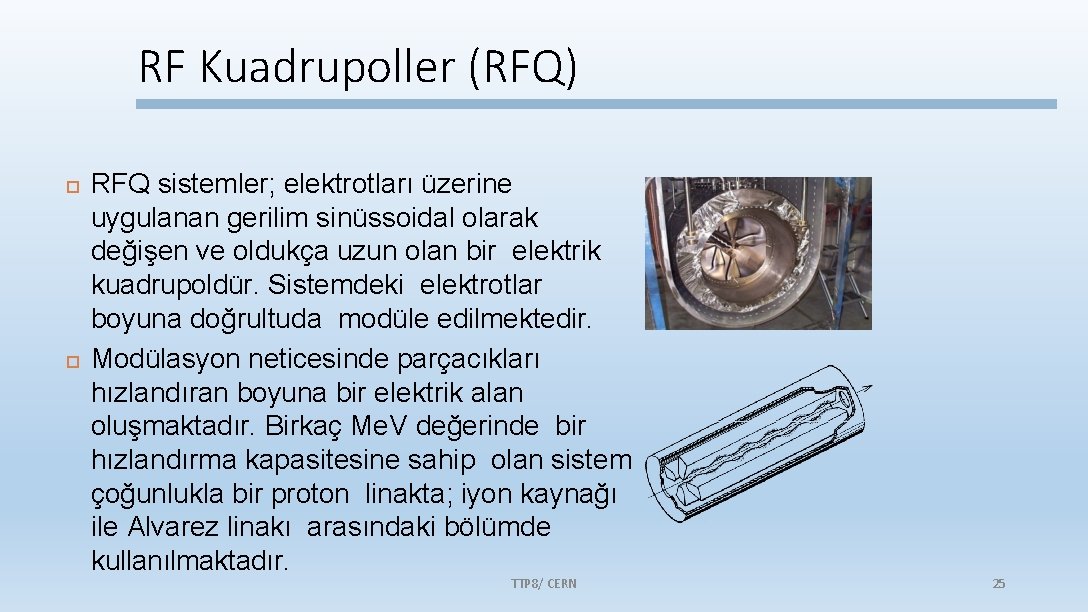 RF Kuadrupoller (RFQ) RFQ sistemler; elektrotları üzerine uygulanan gerilim sinüssoidal olarak değişen ve oldukça