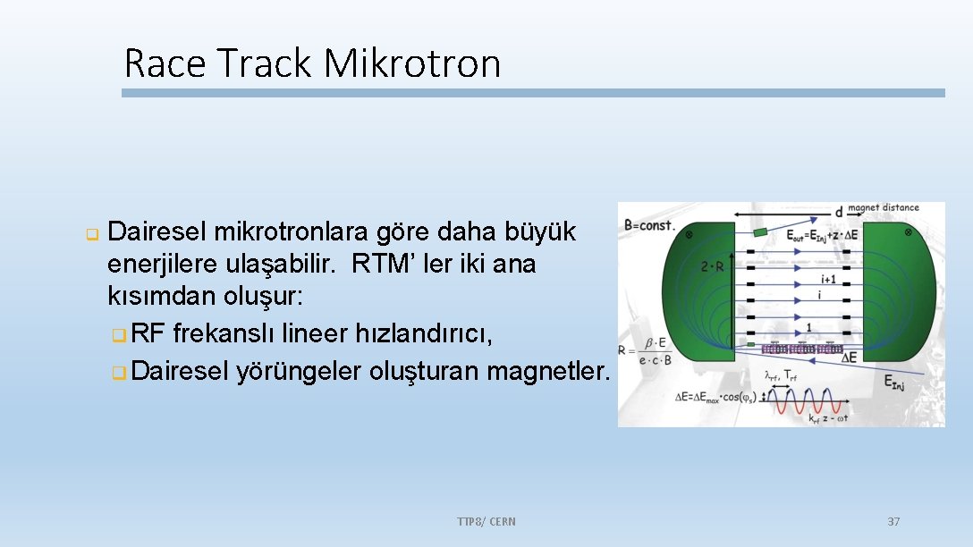 Race Track Mikrotron Dairesel mikrotronlara göre daha büyük enerjilere ulaşabilir. RTM’ ler iki ana
