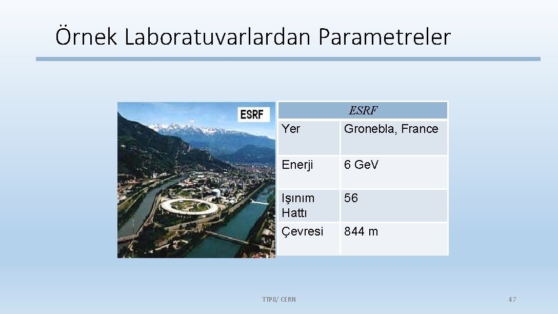 Örnek Laboratuvarlardan Parametreler Yer ESRF Gronebla, France Enerji 6 Ge. V Işınım Hattı Çevresi