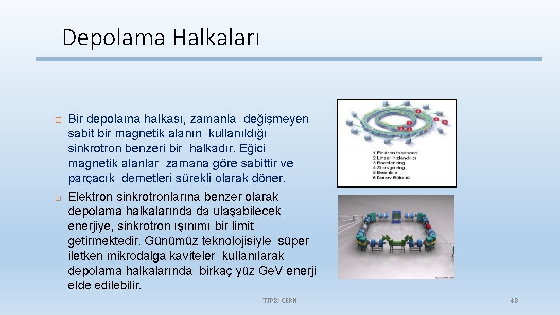 Depolama Halkaları Bir depolama halkası, zamanla değişmeyen sabit bir magnetik alanın kullanıldığı sinkrotron benzeri