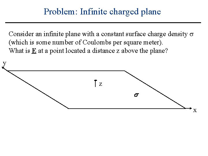 Problem: Infinite charged plane Consider an infinite plane with a constant surface charge density