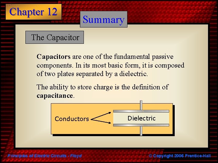 Chapter 12 Summary The Capacitors are one of the fundamental passive components. In its