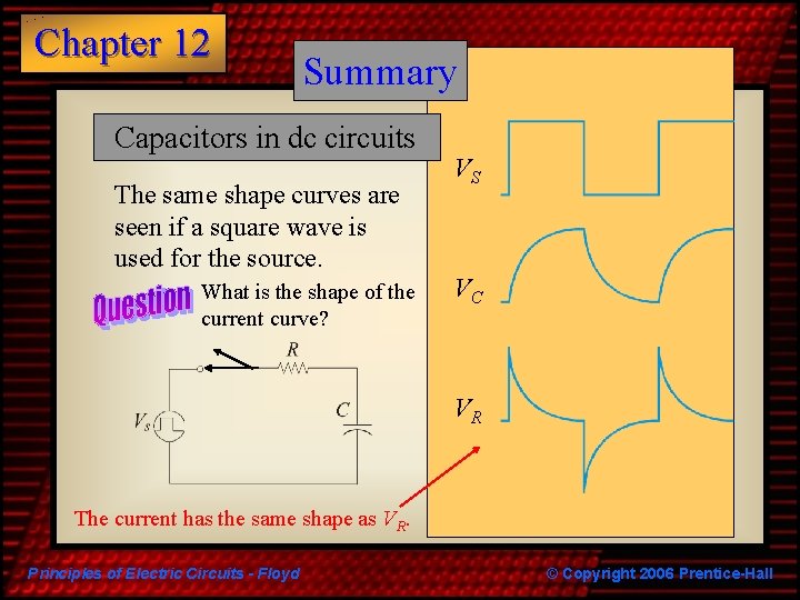 Chapter 12 Summary Capacitors in dc circuits The same shape curves are seen if