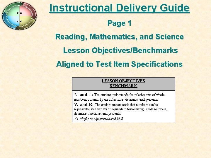 D A CIM Instructional Delivery Guide Page 1 Reading, Mathematics, and Science Lesson Objectives/Benchmarks