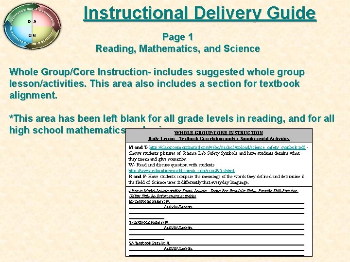 D A CIM Instructional Delivery Guide Page 1 Reading, Mathematics, and Science Whole Group/Core