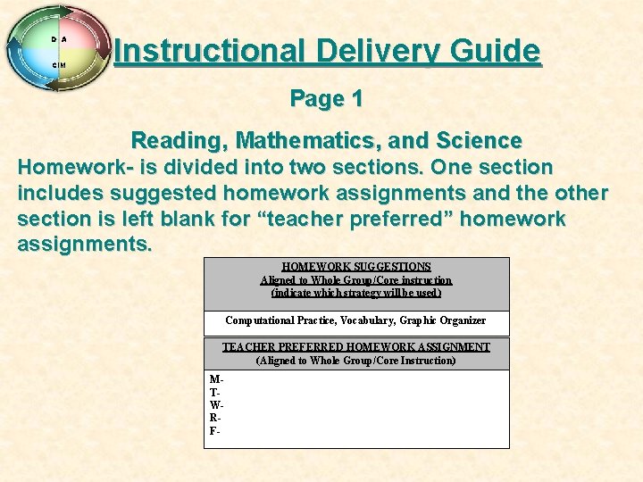 D A CIM Instructional Delivery Guide Page 1 Reading, Mathematics, and Science Homework- is